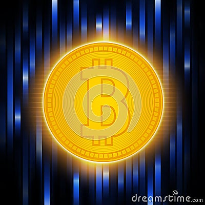 Digital matrix of deducting money . Crypto currency abstraction golden bit-coin . Bitcoin concept on an abstract blue Stock Photo