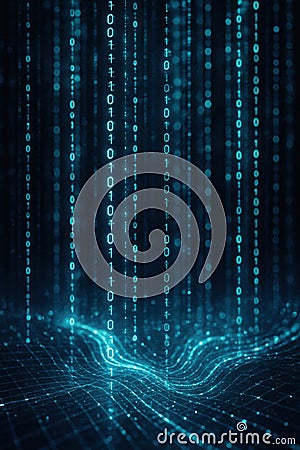 A digital matrix of glowing binary code falls in a vertical stream over a dark grid, suggesting data streams and computer systems Stock Photo