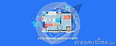 Digital media, internet marketing, content promotion, email, mobile, viral video content, marketing strategy concept. Vector Illustration