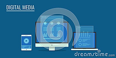 Digital media technology for internet marketing, responsive web development concept. Flat design vector banner. Vector Illustration