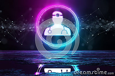 Digital medical holographic icon illuminating the floor with blue and pink neon light 3D rendering Stock Photo