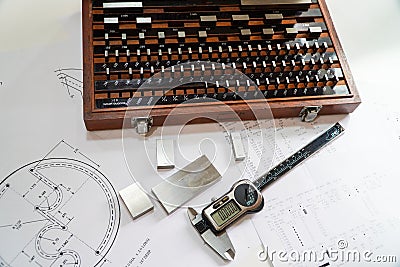 Vernier caliper and scale. Measuring tool and equipment,Gauge Blocks Precision Metric Stock Photo