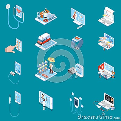 Digital Mobile Health Isometric Icons Vector Illustration