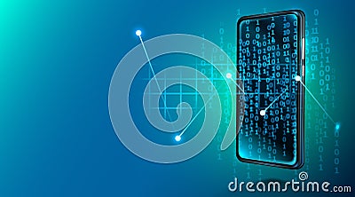 Digital mobile technology. Cosmos style in blue color. Devise with binary code. Concept of mobile programming. Vector Illustration