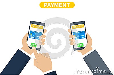 Digital mobile wallet payment concept - hand holding mobile phone with credit card icon on the touchscreen. Internet Vector Illustration