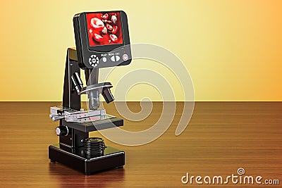 Digital modern microscope with screen on the wooden table. 3D r Stock Photo
