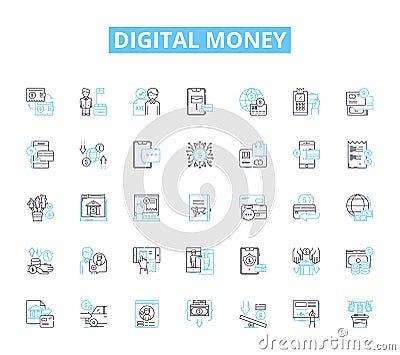 Digital money linear icons set. Cryptocurrency, Blockchain, Wallet, Decentralization, Bitcoin, Crypto, Tokenization line Vector Illustration
