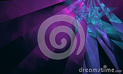 Digital multilayered 3d composition of glossy blue violet mirror shards exploding with smoke in deep dark space. Stock Photo