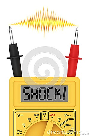 Digital multimeter with SHOCK! word on display and electric flash Stock Photo