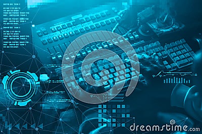 Digital music designer sound engineer with computer keyboard editor and sound mixer cyber futuristic concept Stock Photo