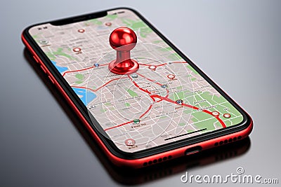 Digital navigation Smartphone display with 3D red map pointer icon Stock Photo