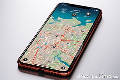 Digital navigation Smartphone display with 3D red map pointer icon Stock Photo