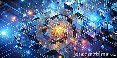 Digital Network Abstract 3D Cubes Connected by Lines and Glowing Points - A Conceptual Visualization of Interconnectedness and Stock Photo