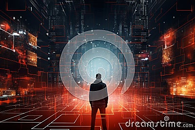 Digital network and artificial intelligence concept, a man is looking at virtual interface Stock Photo