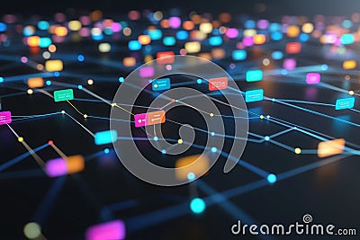 Digital network with colorful nodes representing data connections and interactions Stock Photo