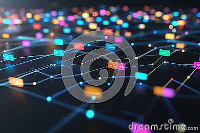 Digital network with colorful nodes representing data connections and interactions Stock Photo