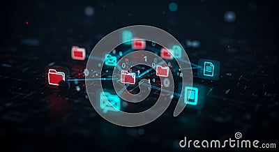 Digital Network: Connected Data Folders, Files, & Emails on a Secure Blockchain, Cyber Security Concept, Artificial Intelligence, Stock Photo