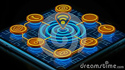Digital network connection icons on glowing smart device Stock Photo