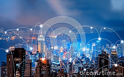 Digital network connection lines of Hong Kong Downtown and Victoria Harbour. Financial district in smart city in technology Stock Photo