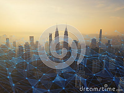 Digital network connection lines of Kuala Lumpur Downtown, Malaysia. Financial district and business centers in smart city in Stock Photo