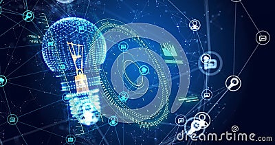 Digital network and data processing image over blue technological background Stock Photo