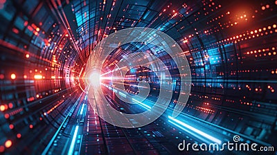 Digital Network: Futuristic Abstract Background with Neon Lights and Data Center Server for High-Speed Internet and Big Data Proce Stock Photo