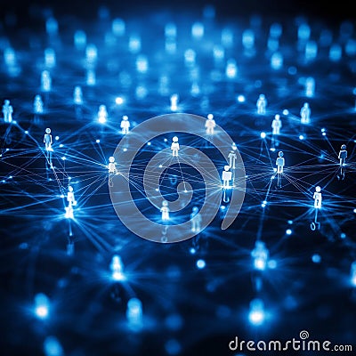 Digital network: illuminated figures on a virtual mesh connecting in blue Stock Photo
