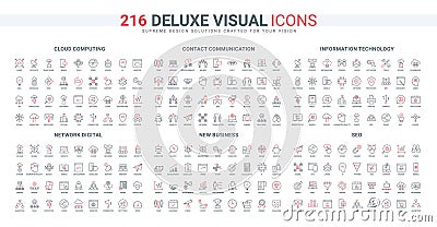 Digital network technology, data share and protection, cloud computing line icon set Vector Illustration