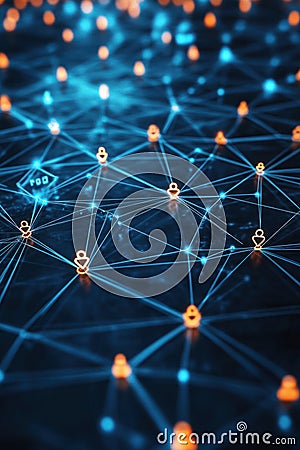 Digital Network, Visual diagram depicting a digital network with connected nodes and user icons, illustrating communication and Stock Photo