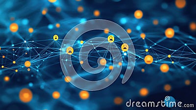 Digital Network, Visual diagram depicting a digital network with connected nodes and user icons, illustrating communication and Stock Photo