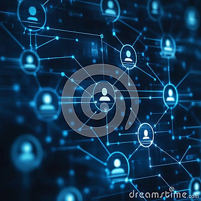 Digital network visualization with connected user icons and data nodes Stock Photo
