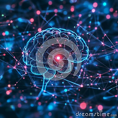 Digital neural network brain with glowing connections and data nodes Stock Photo