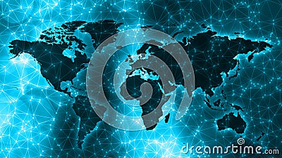 Digital neural network connected dots, lines and world map Stock Photo