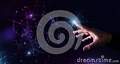 Digital neural network. Hand touching introduction of artificial intelligence Stock Photo