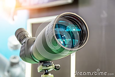 Digital night green vision scope. Monocular lens Stock Photo