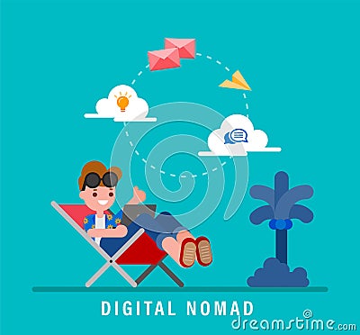 Digital nomads concept illustration. Young adult working with laptop while on vacation. Work from anywhere. Vector Illustration