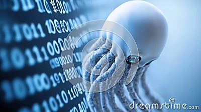 A digital octopus with binary code tentacles symbolizes technology and data flow, AI Stock Photo