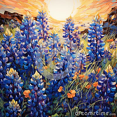 Digital oil painting of lupine flowers in the field at sunset, impasto. Printable square artwork Stock Photo