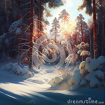 Digital oil painting of winter solstice in isolated snowy forest after snow fall. Beautifully natural winter scene, blizzard trees Stock Photo