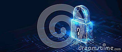 Digital padlock on blue background with binary code symbolizing cyber security. Stay protected online. Stock Photo