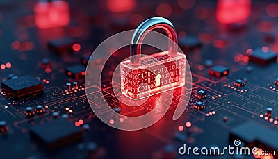 Digital padlock on circuit board. Binary code shows red alert. Modern tech system data protection issue. Encryption, network Stock Photo