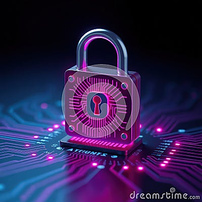 Digital padlock on circuit board. Secure tech concept. Cyber protection. Modern encryption system. Safe online data. Secure Cartoon Illustration