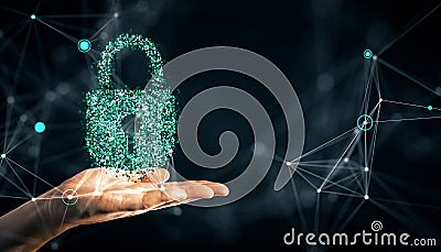 Digital padlock hologram hovering above a hand on a virtual network background, symbolizing cybersecurity and data protection Stock Photo