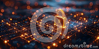 A digital padlock secures a network of interconnected nodes symbolizing data protection. Concept Stock Photo