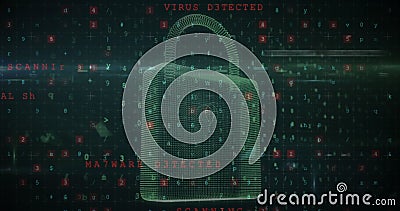 A digital padlock surrounded by floating text indicating virus and malware detection Stock Photo