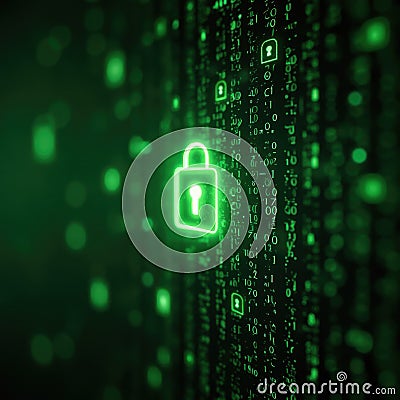 Digital padlock surrounded by glowing green binary code on a dark background indicating cybersecurity and data Stock Photo