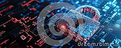 Digital padlock symbolizing cybersecurity and data protection on a tech background, copy space for text Stock Photo