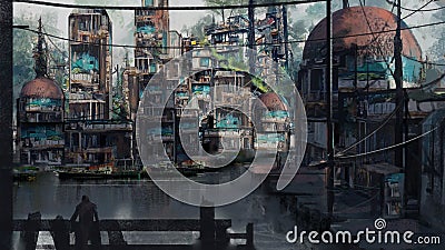 Digital painting of an abstract sci-fi fishing village concept art for games and movies - fantasy illustration Cartoon Illustration
