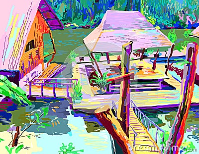 Digital painting of asia landscape river in Thailand Vector Illustration