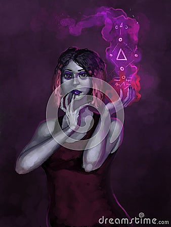Digital painting of attractive female wizard casting a magic spell with symbols and colorful light - digital fantasy painting Stock Photo